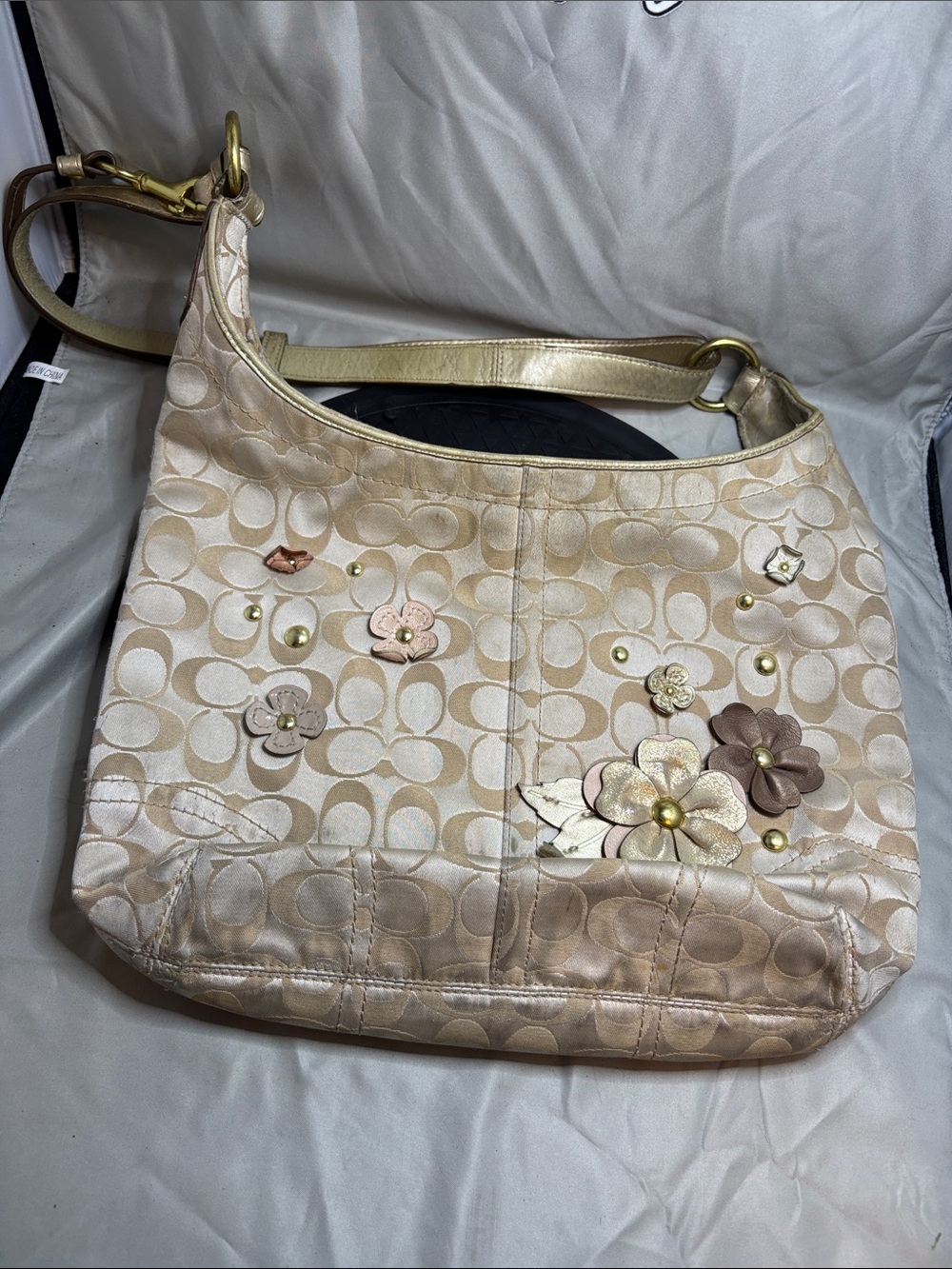 Coach Beige Floral Appliqué Shoulder Bag with Gold Accents